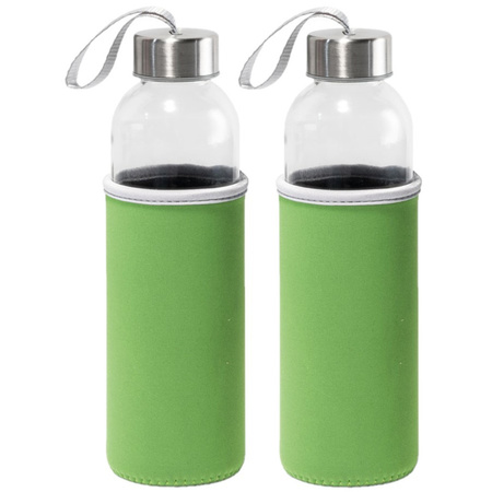 2x Stuks glazen waterfles/drinkfles met groene softshell bescherm hoes 520 ml