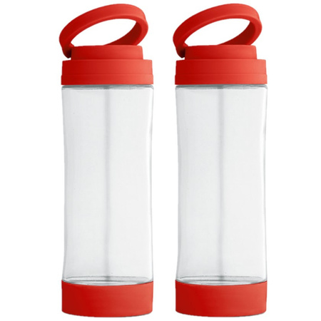2x Stuks glazen waterfles/drinkfles met rode kunststof schroefdop en smartphone houder 390 ml