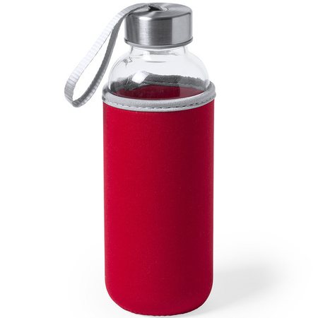 2x Stuks glazen waterfles/drinkfles met rode softshell bescherm hoes 420 ml