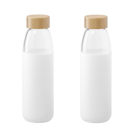 2x Stuks glazen waterfles/drinkfles met witte siliconen bescherm hoes 540 ml