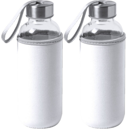 2x Stuks glazen waterfles/drinkfles met witte softshell bescherm hoes 420 ml