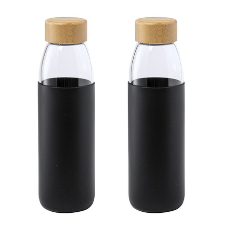 2x Stuks glazen waterfles/drinkfles met zwarte siliconen bescherm hoes 540 ml