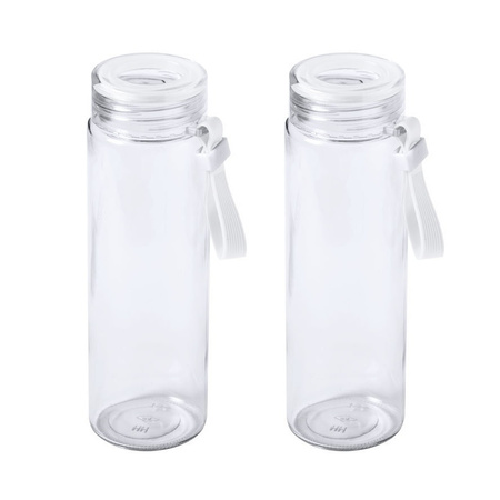 2x Stuks glazen waterfles/drinkfles transparant met schroefdop wit handvat 420 ml