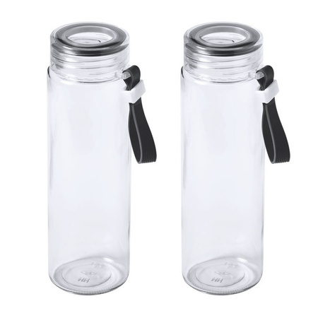 2x Stuks glazen waterfles/drinkfles transparant met schroefdop zwart handvat 420 ml