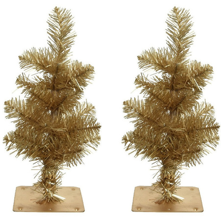 2x stuks gouden kunst kerstbomen/kunstbomen 35 cm met metalen voet
