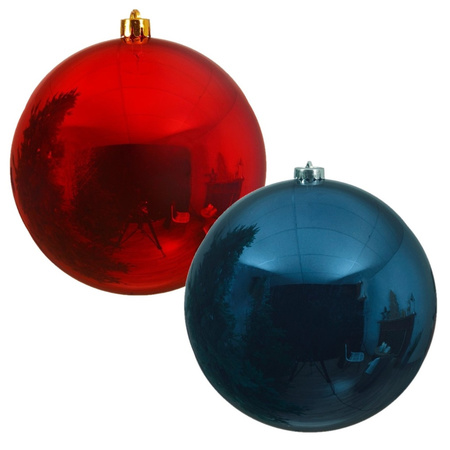 2x stuks grote kerstballen van 20 cm glans van kunststof blauw en rood