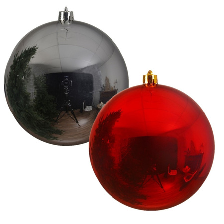 2x pieces large christmas baubles plastic 20 cm red and silver