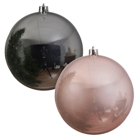 2x stuks grote kerstballen van 20 cm glans van kunststof roze en zilver