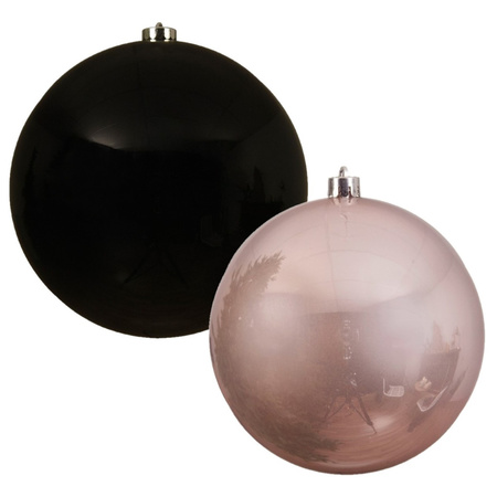 2x stuks grote kerstballen van 20 cm glans van kunststof roze en zwart
