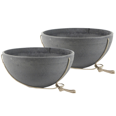 2x pieces hanging flowerpot/plantpot bowl plastic/stone powder dark grey D25 and H12 cm