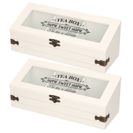 2x pieces wooden tea box white with 3 compartments 24 x 9 x 9 cm