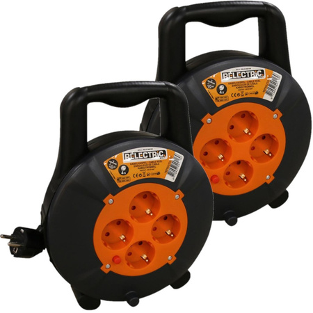 2x pieces cable reel/cable box orange/black 10 m with 4x earthed sockets and handle