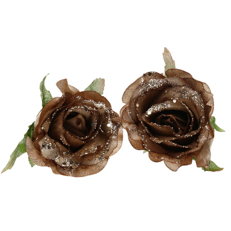 2x pcs christmas flowers rose on clips gold brown glitter 10 cm