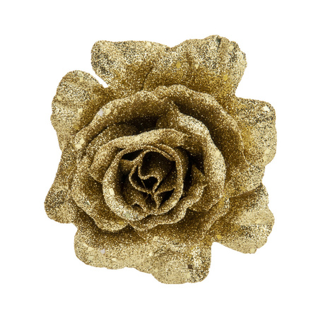 2x pcs christmas flowers rose on clips gold glitter 10 cm