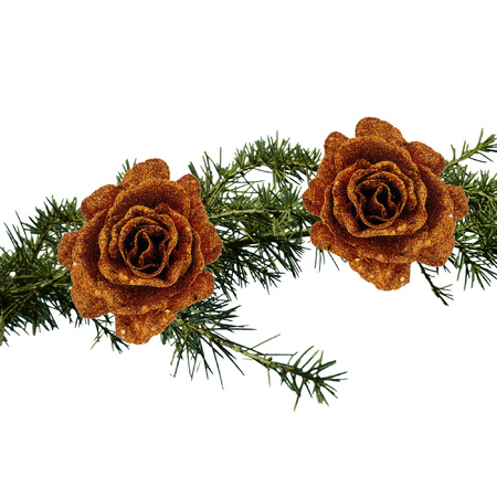 2x pcs christmas flowers rose on clips copper glitter 10 cm
