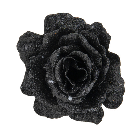 2x pcs christmas decoration flowers rose on clips black glitter 10 cm