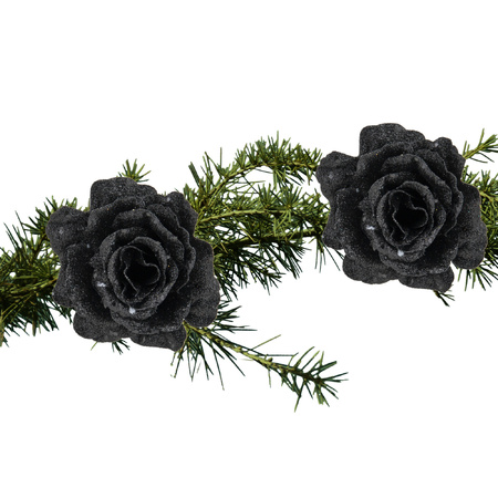 2x pcs christmas decoration flowers rose on clips black glitter 10 cm