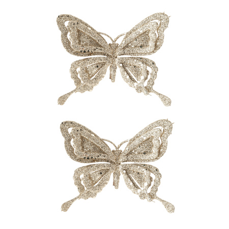 2x stuks kerstboom decoratie vlinders op clip glitter champagne 14 cm