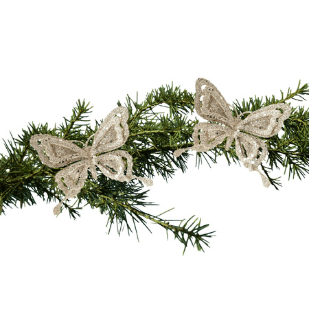 2x stuks kerstboom decoratie vlinders op clip glitter champagne 14 cm