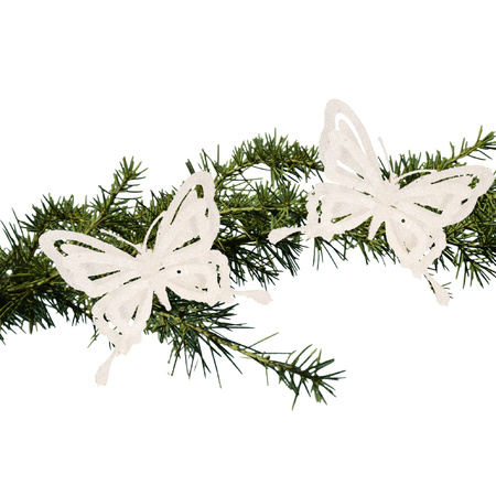 2x stuks kerstboom decoratie vlinders op clip glitter wit 14 cm