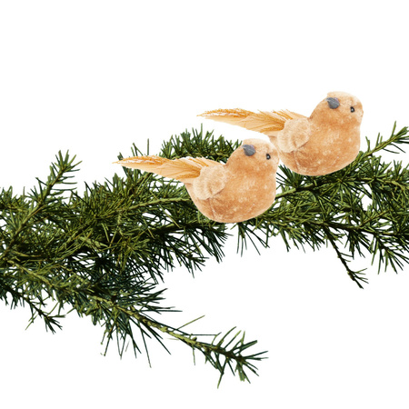 2x stuks kunststof decoratie vogels op clip caramel bruin 12 cm