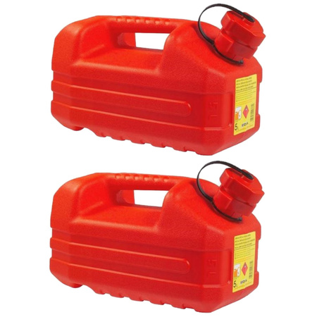 2x stuks kunststof jerrycans 5 liter rood geschikt voor gevaarlijke vloeistoffen L36 x B18 x H18 cm