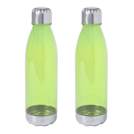 2x Pieces plastic water/drinking bottle transperent green with Ss cap 700 ml