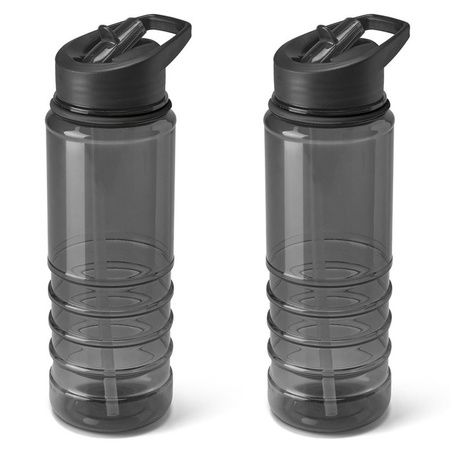 2x Pieces plastic water/drinking bottle transperent black with straw 650 ml