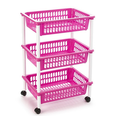 2x stuks opberg trolley/roltafel/organizer met 3 manden 40 x 30 x 61,5 cm wit/roze