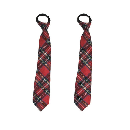 2x stuks schots geblokte feest verkleed stropdas rood