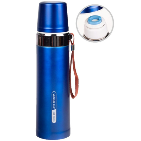 2x pieces thermos bottle / vacuum jug with strap for travel 750 ml blue