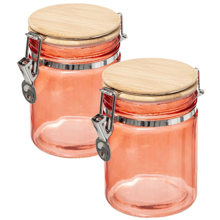 2x stuks voorraadbussen/voorraadpotten 0,75L glas koraal oranje met bamboe deksel en beugelsluiting
