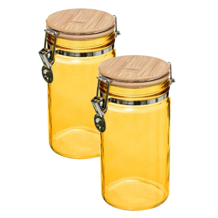 2x stuks voorraadbussen/voorraadpotten 1L glas geel met bamboe deksel en beugelsluiting