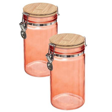 2x stuks voorraadbussen/voorraadpotten 1L glas koraal oranje met bamboe deksel en beugelsluiting