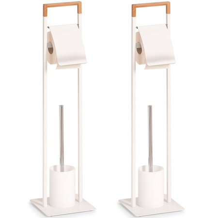 2x Toiletborstels met toiletrolhouder wit metaal/bamboehout 75 cm