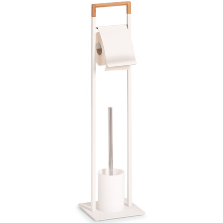 2x Toiletborstels met toiletrolhouder wit metaal/bamboehout 75 cm