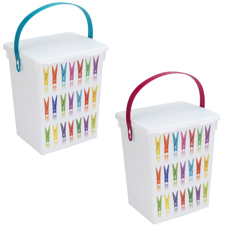 2x Clothespegs storageboxes pink and turquoise handle 5 liters 23 x 18 cm
