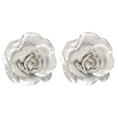 2x Zilveren roos kerstversiering clip decoratie 12 cm