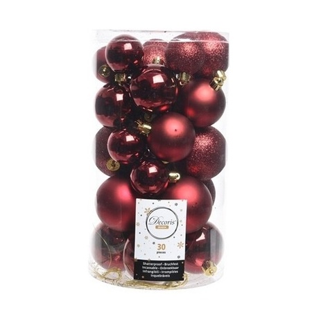 Decoris kerstballen 60x stuks - mix donkerrood/zwart - 4-5-6 cm - kunststof