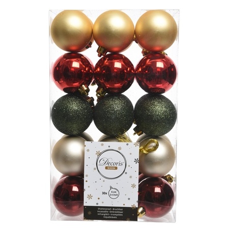 30x Rood/groen/gouden kerstballenset kunststof 6 cm