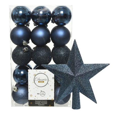 30x pcs plastic christmas baubles incl. star tree topper dark blue