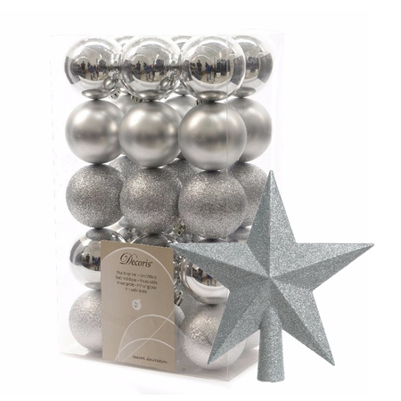 30x stuks kunststof kerstballen 6 cm inclusief ster piek zilver