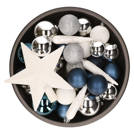 33x stuks kunststof kerstballen met piek 5-6-8 cm blauw/wit/zilver incl. haakjes