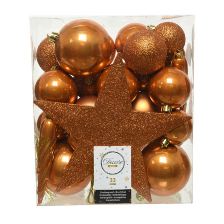 Kerstversiering kunststof kerstballen met piek cognac bruin 5-6-8 cm pakket van 45x stuks