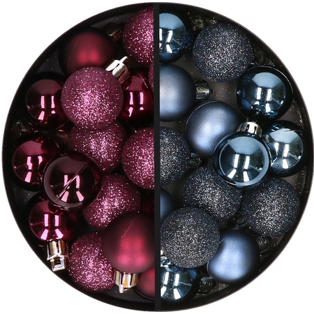 34x stuks kunststof kerstballen aubergine paars en donkerblauw 3 cm