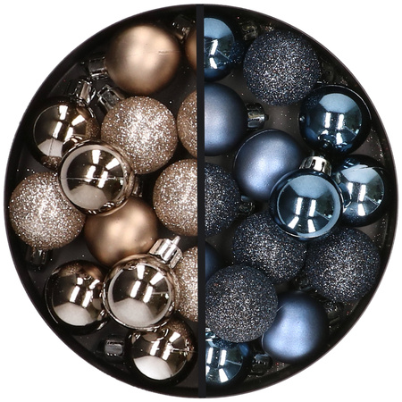 34x stuks kunststof kerstballen champagne en donkerblauw 3 cm