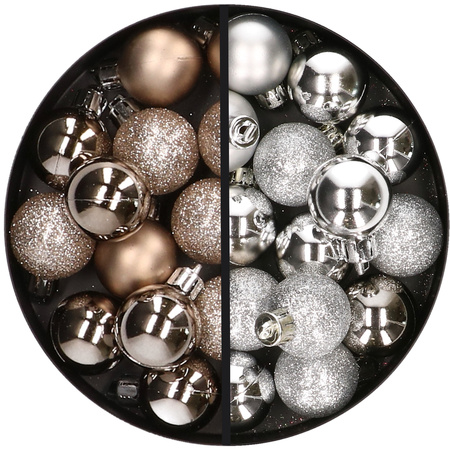 34x pcs plastic christmas baubles silver and champagne 3 cm