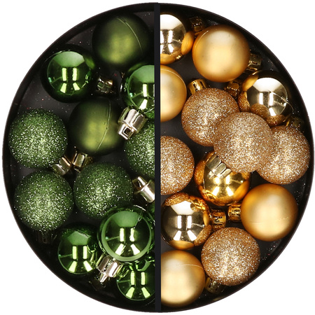 34x pcs plastic christmas baubles green and gold 3 cm