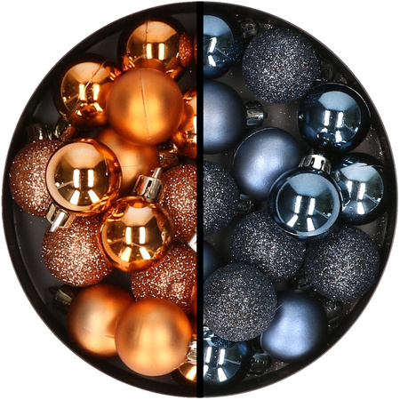 34x stuks kunststof kerstballen koper en donkerblauw 3 cm
