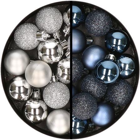34x stuks kunststof kerstballen zilver en donkerblauw 3 cm
